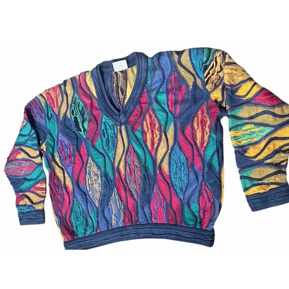 VTG 90s COOGI AUSTRALIA MERCERIZED COTTON 3D KNIT SWEATER V-NECK ART SIZE XL